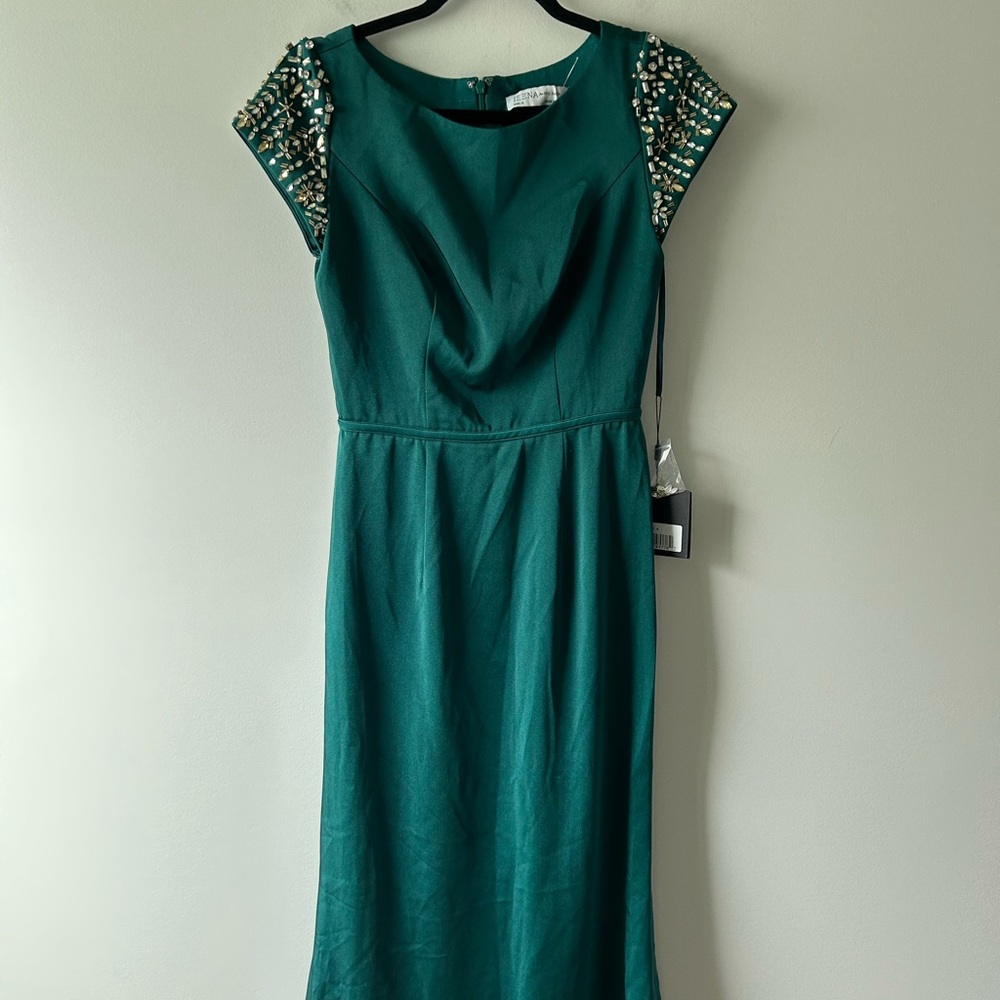 Ieena for Mac Duggal green jewel embellished long dress gown
